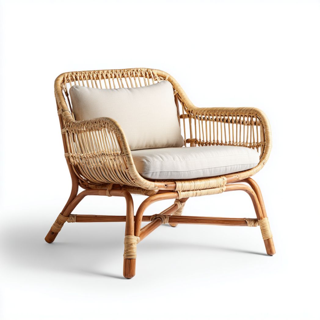 Fauteuil en Rotin avec Coussins en Coton Beige-Girotto Furniture