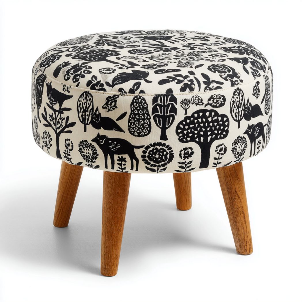 Pouf Rond en Tissu à Motif avec Pieds en Bois de Pin-Girotto Furniture