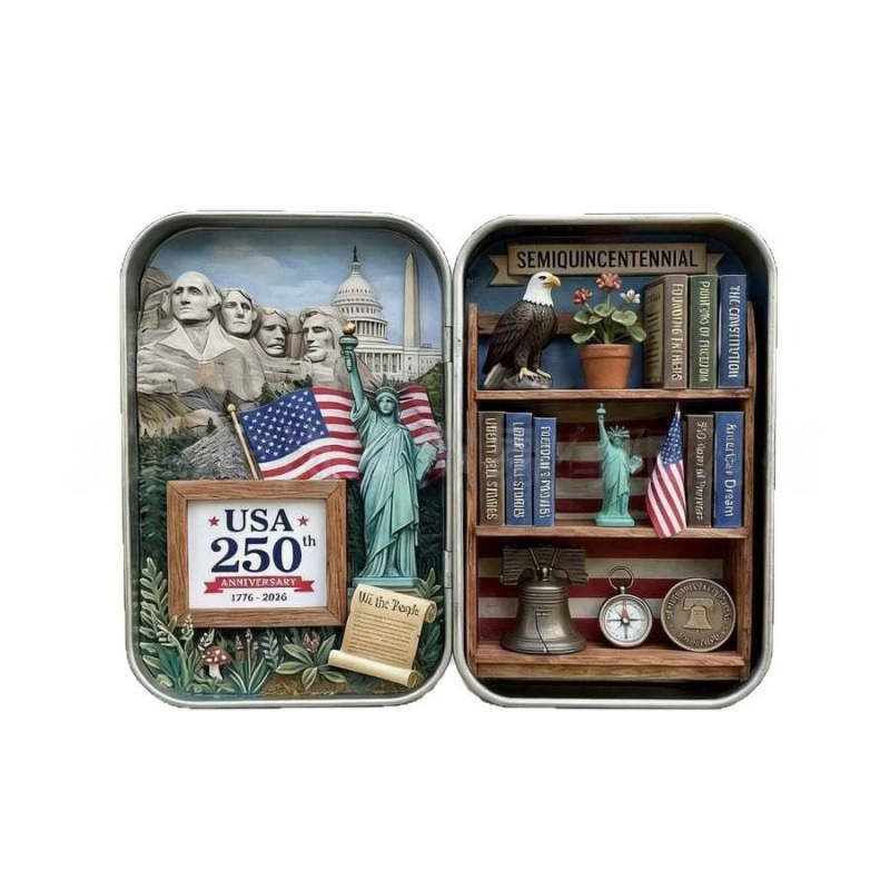 USA 250th Anniversary Semiquincentennial Miniature Diorama in Tin Box, Patriotic Collectible Decor with American Symbols, 1776-2026 Independence Day Gift
