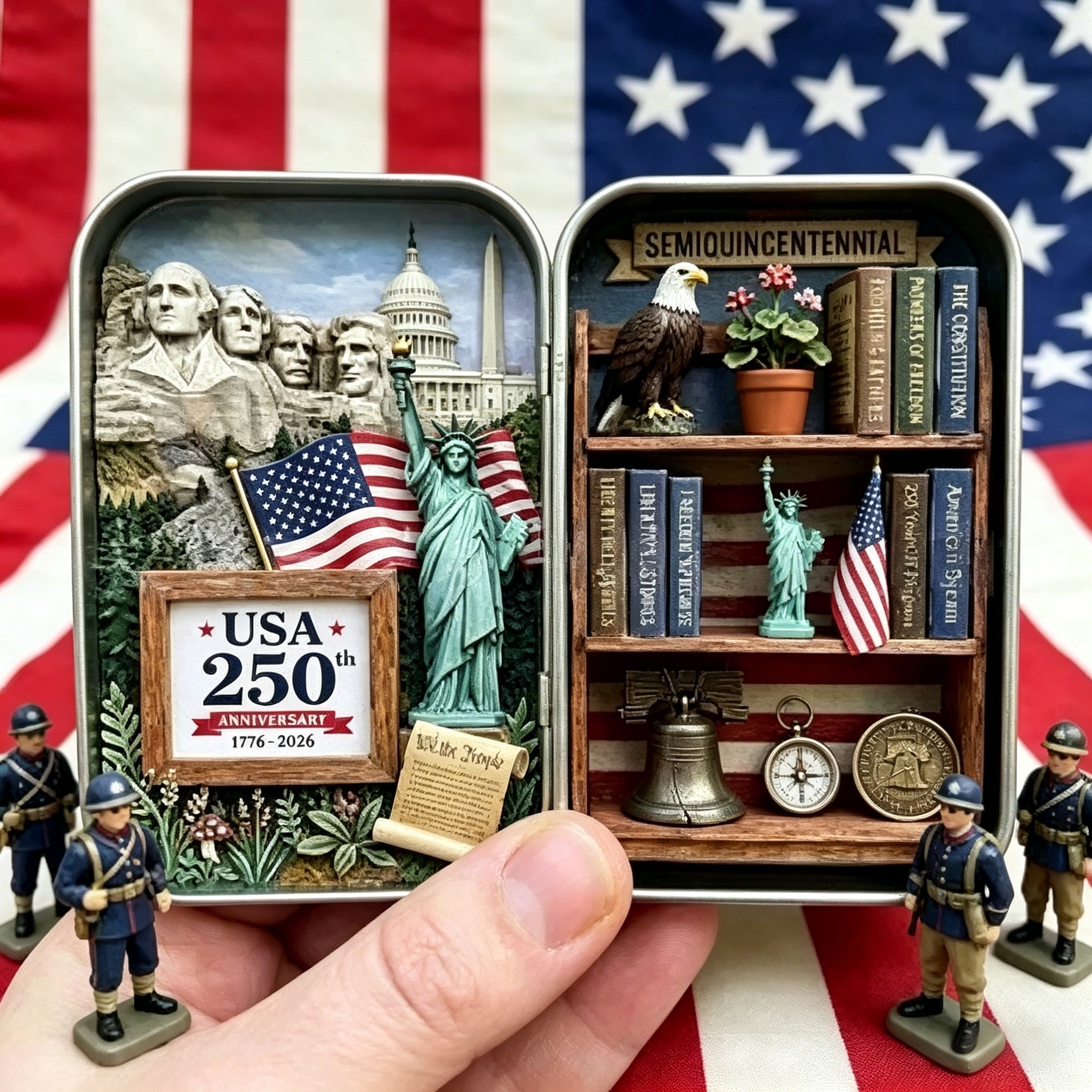 USA 250th Anniversary Semiquincentennial Miniature Diorama in Tin Box, Patriotic Collectible Decor with American Symbols, 1776-2026 Independence Day Gift