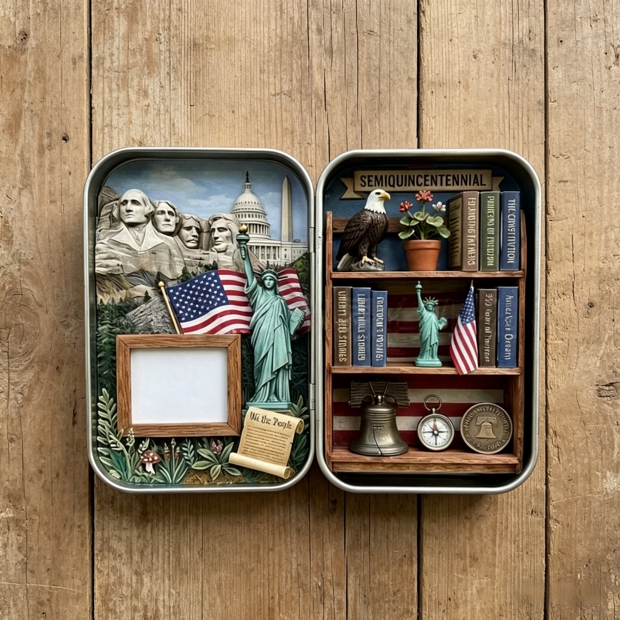 USA 250th Anniversary Semiquincentennial Miniature Diorama in Tin Box, Patriotic Collectible Decor with American Symbols, 1776-2026 Independence Day Gift