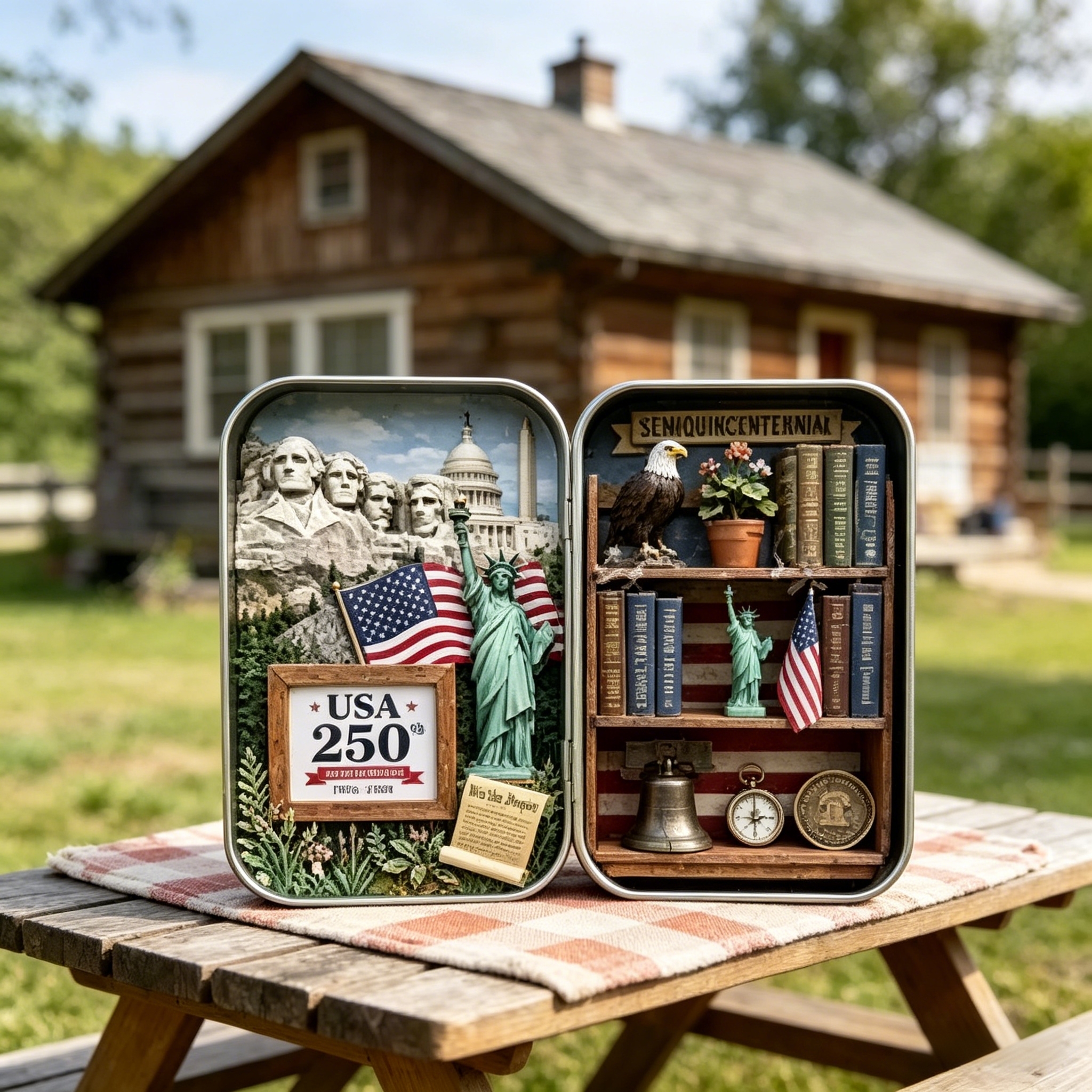 USA 250th Anniversary Semiquincentennial Miniature Diorama in Tin Box, Patriotic Collectible Decor with American Symbols, 1776-2026 Independence Day Gift