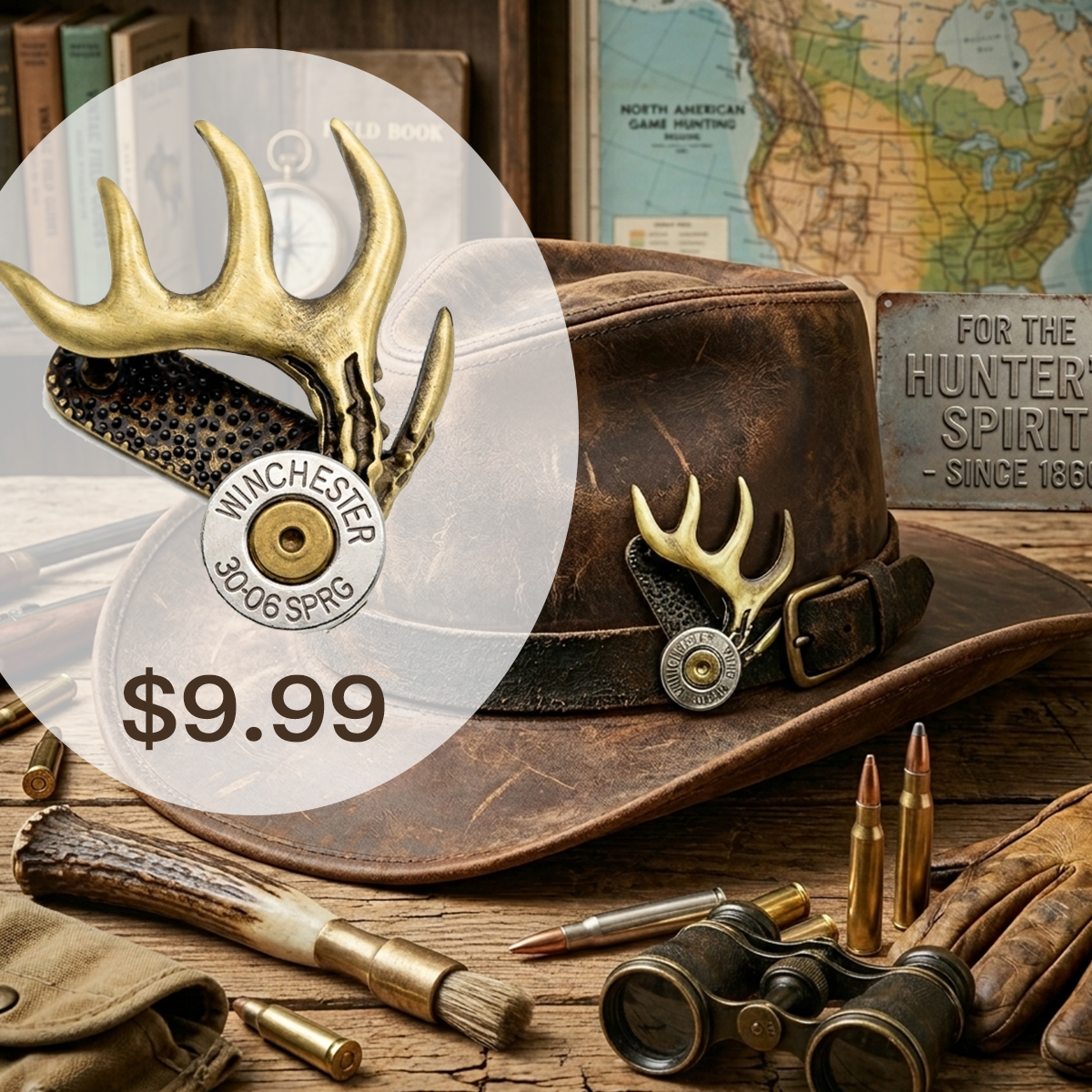 Antler and Cartridge Hat Clip - Handcrafted Vintage Brass Hat Ornament and Outdoor Enthusiast Accessory