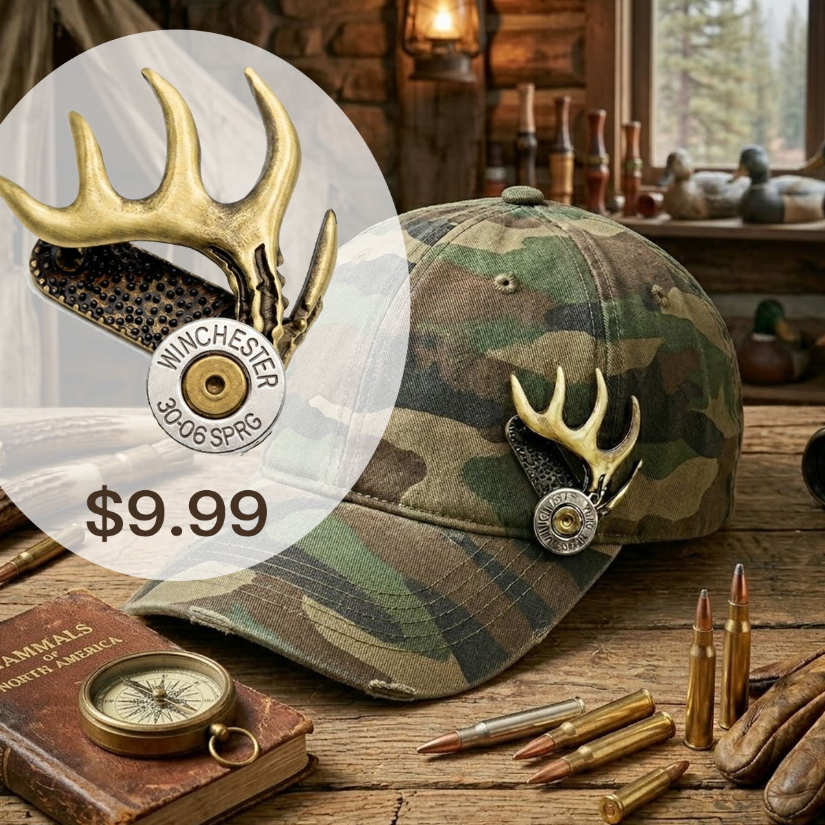 Antler and Cartridge Hat Clip - Handcrafted Vintage Brass Hat Ornament and Outdoor Enthusiast Accessory