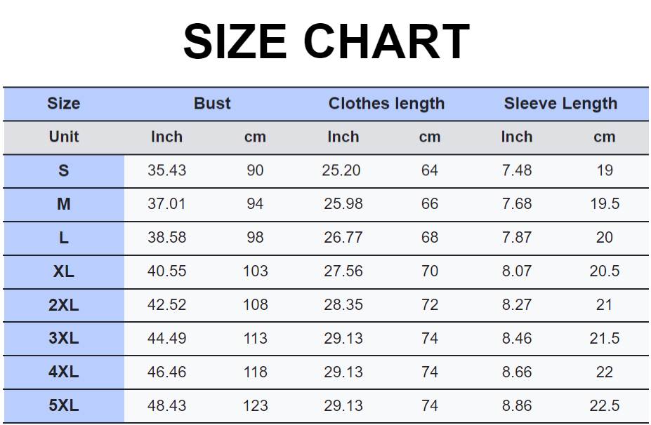Gfouk US Concealed Carry T-Shirt Size Chart