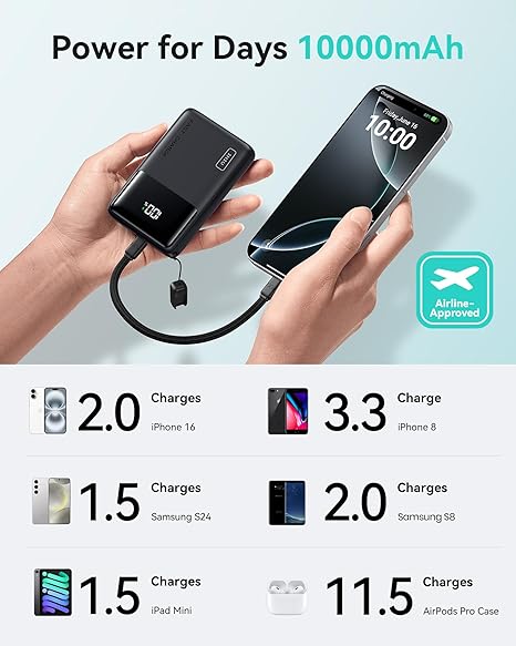 INIU Power Bank, Slimmest 10000mAh 45W PD Fast Charging Portable Charger, USB C in&Out Mini Battery Pack, Travel Essentials Phone Powerbank for iPhone 16 15 Samsung S25 S24 Google Pixel iPad etc