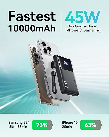 INIU Power Bank, Slimmest 10000mAh 45W PD Fast Charging Portable Charger, USB C in&Out Mini Battery Pack, Travel Essentials Phone Powerbank for iPhone 16 15 Samsung S25 S24 Google Pixel iPad etc