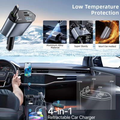 Gfouk US Retractable Car Charger USB-C Lightning