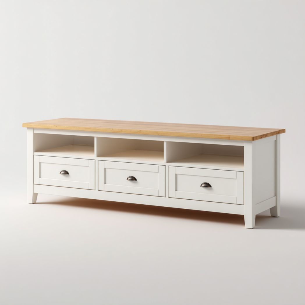 Meuble TV en Pin Massif Blanc avec Plateau en Bois Naturel et 3 Tiroirs-Crean Furniture