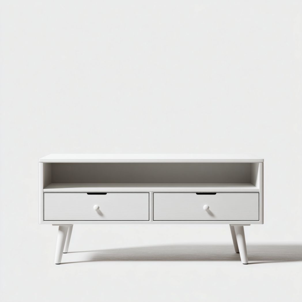 Meuble TV blanc avec deux tiroirs et une niche ouverte-Crean Furniture