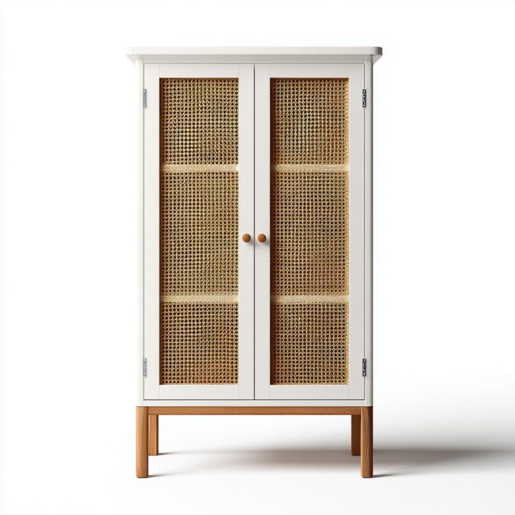 Armoire basse blanche avec deux portes en rotin tressé et pieds en bois-Crean Furniture