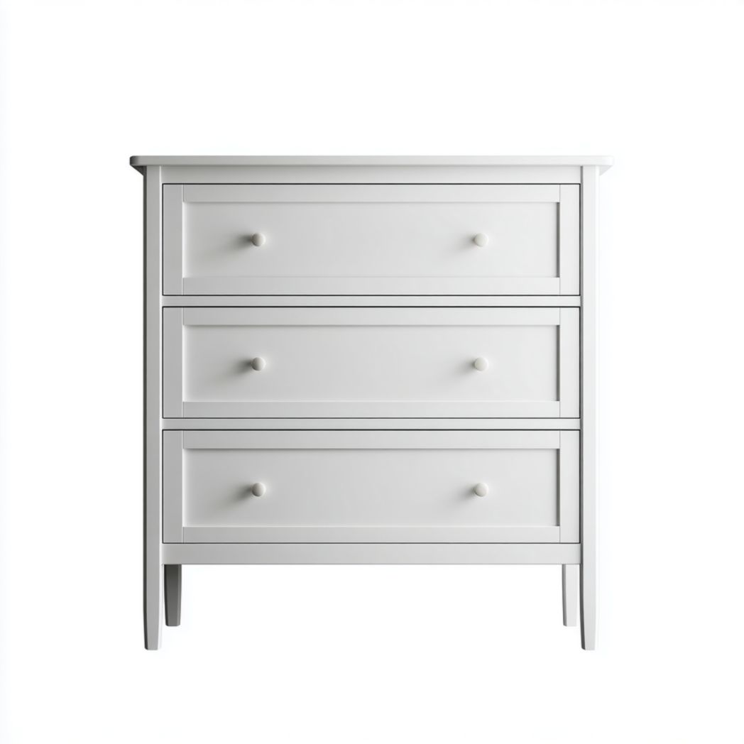 Commode blanche à trois tiroirs avec boutons de tirage ronds-Crean Furniture