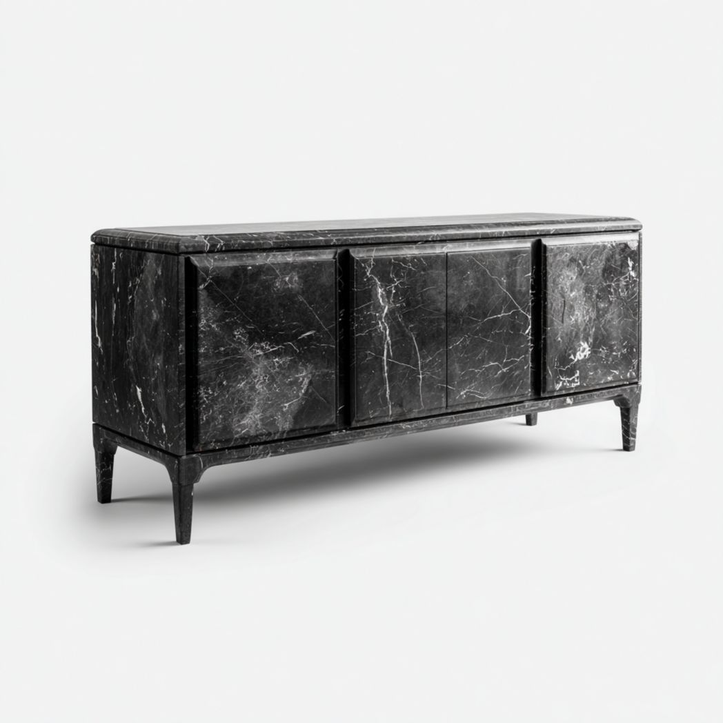 Buffet bas en marbre Nero Marquina avec 4 portes et piètement noir-Crean Furniture
