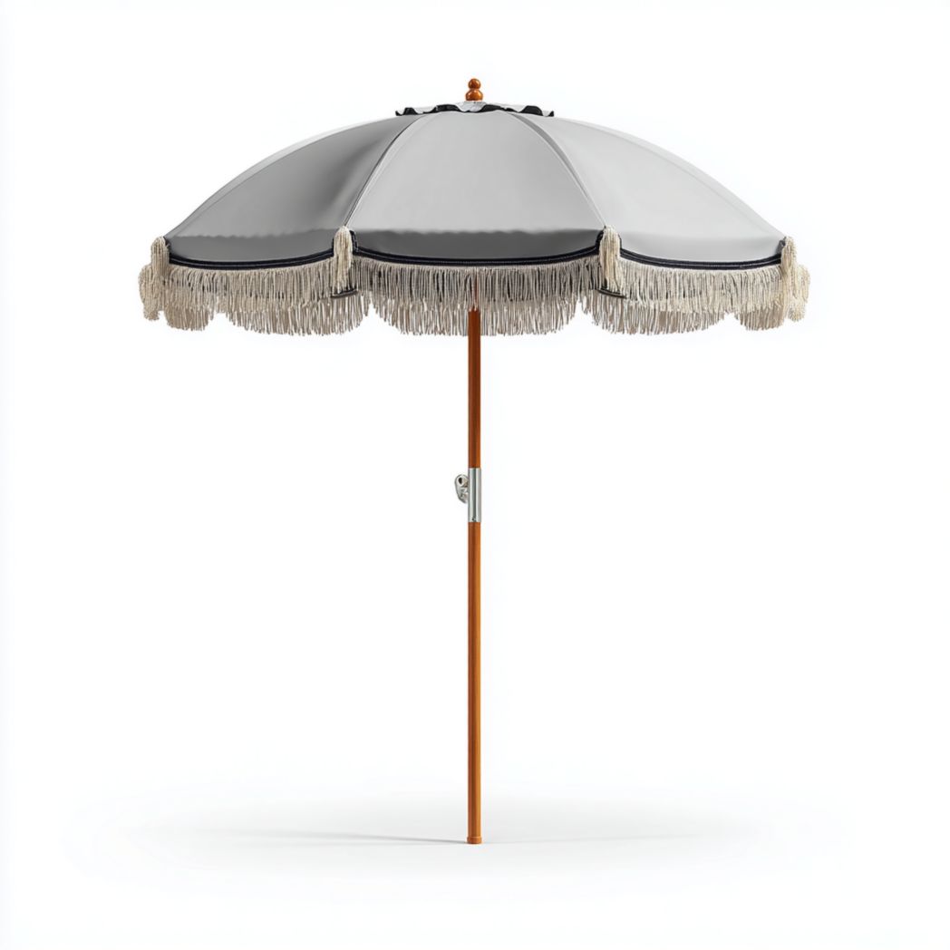 Parasol droit de jardin gris avec franges en tissu polyester et mât en bois-Crean Furniture