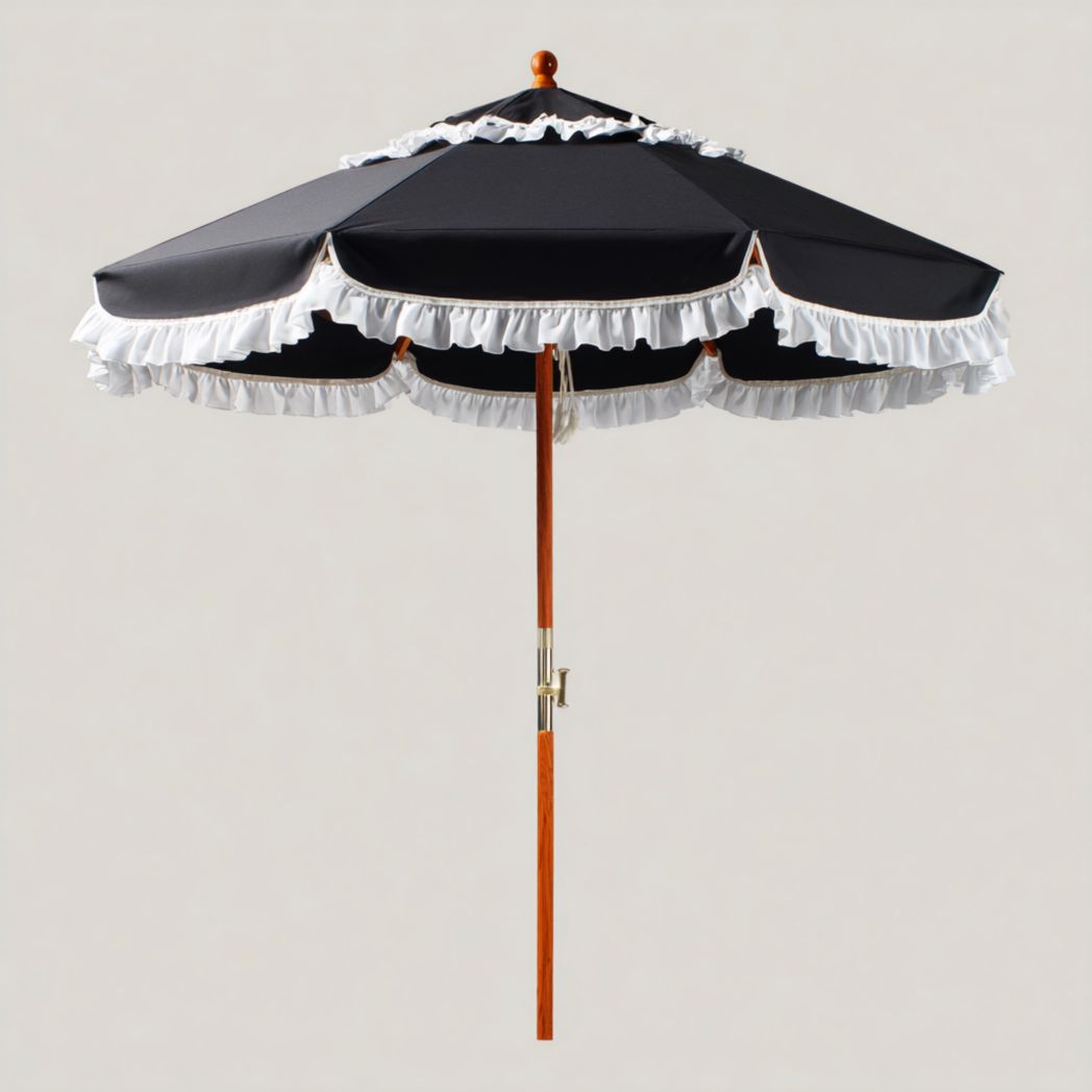 Parasol droit de jardin noir avec volants et franges en tissu polyester et mât en bois-Crean Furniture