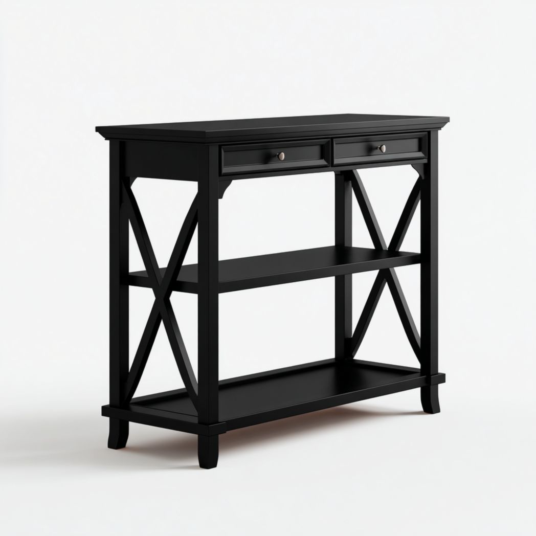 Console avec 2 tiroirs et étagères en bois d’hévéa noir-Crean Furniture