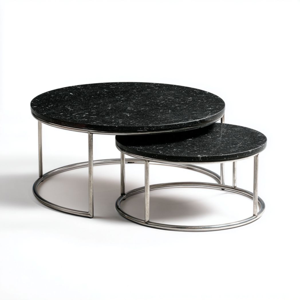Lot de 2 Tables Basses Gigognes Rondes en Pierre Noire et Acier Chromé-Crean Furniture