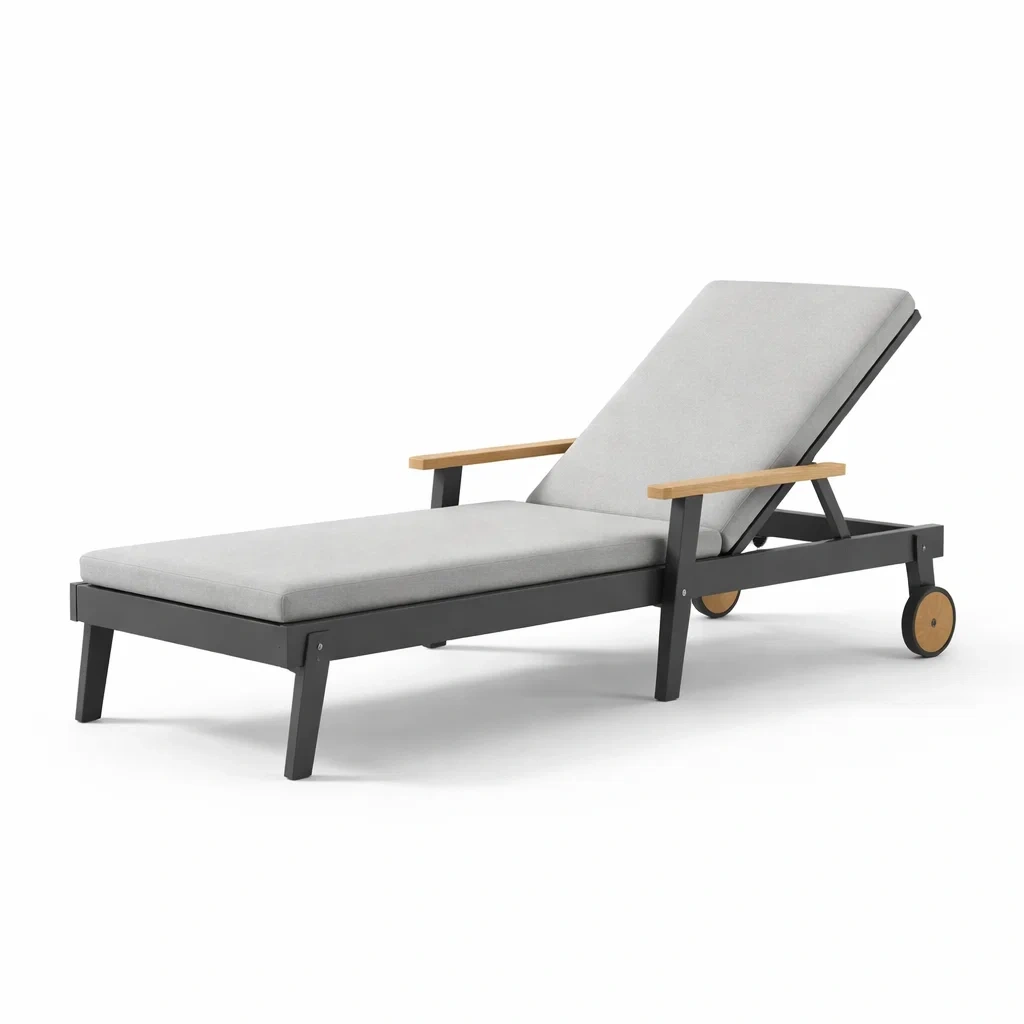 Chaise longue d’extérieur en aluminium et bois d’acacia avec coussins en polyester-Pure Spacez