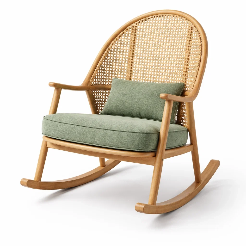 Fauteuil à bascule en bois et rotin avec coussin vert-Pure Spacez