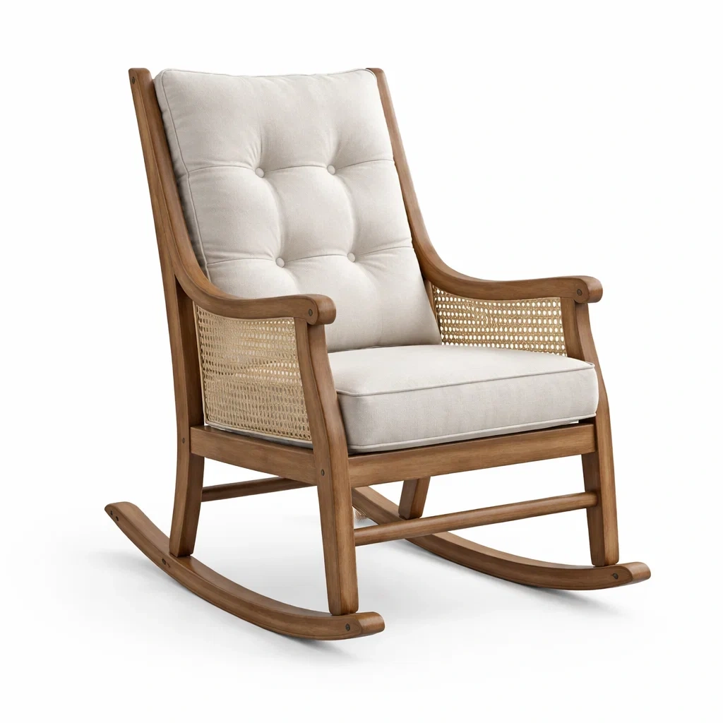 Fauteuil à bascule en bois de hêtre et tissu avec cannage beige-Pure Spacez
