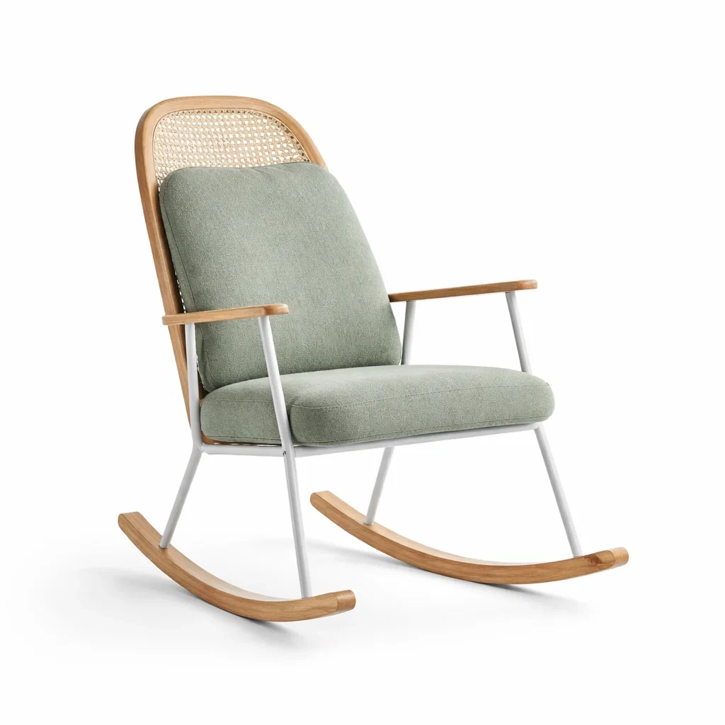 Fauteuil à bascule en bois et métal avec tissu en polyester vert-Pure Spacez