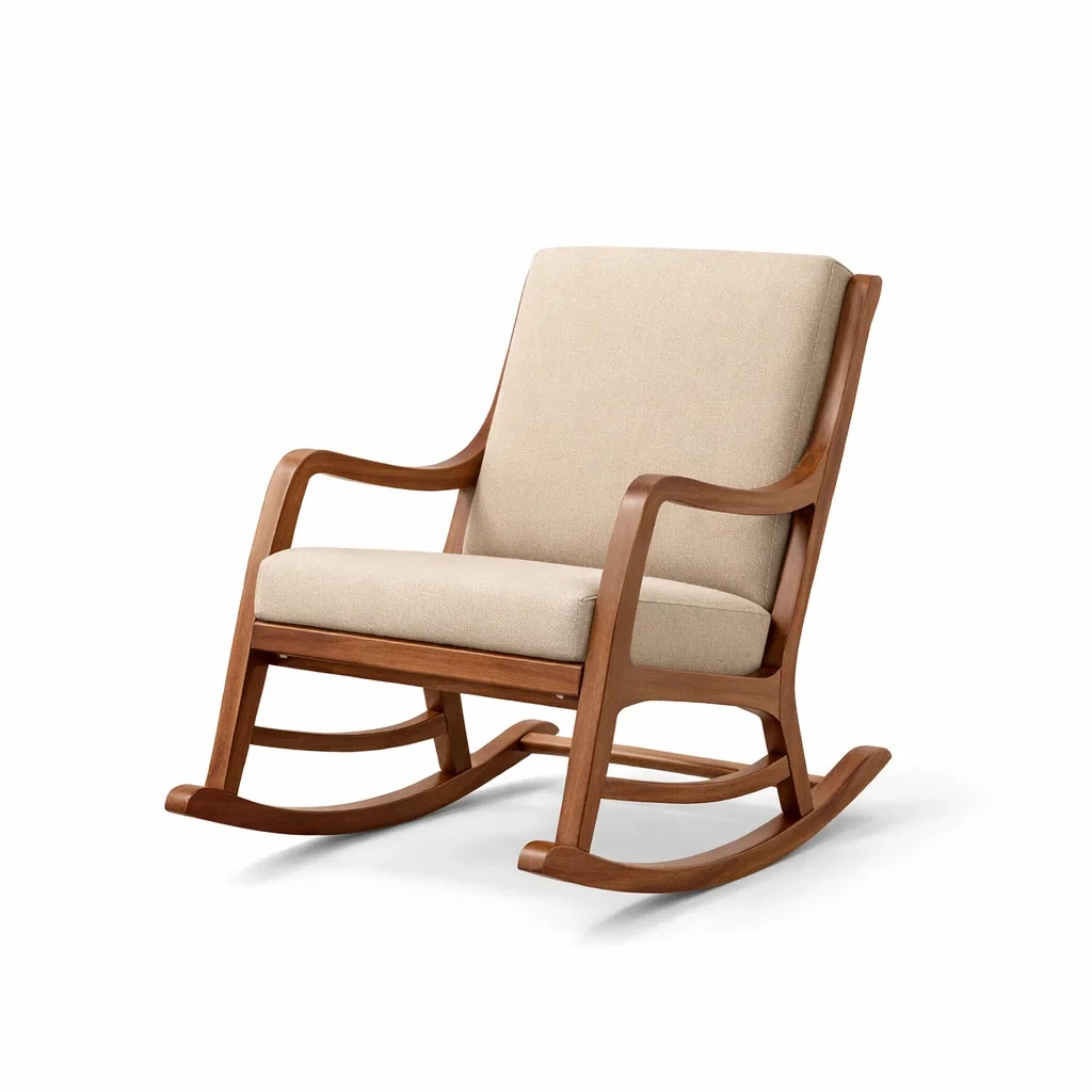 Fauteuil à bascule en bois avec coussin en tissu beige-Pure Spacez
