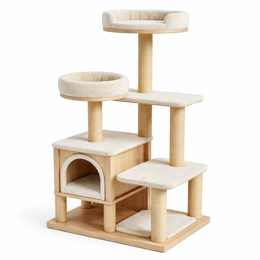 Arbre à chat en bois et sisal beige avec abri et coussins-Pure Spacez