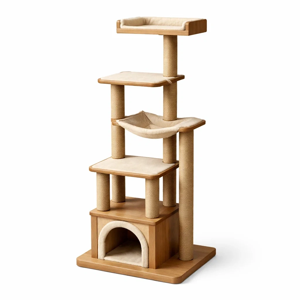 Arbre à chat en bois avec plateformes et niche beige-Pure Spacez