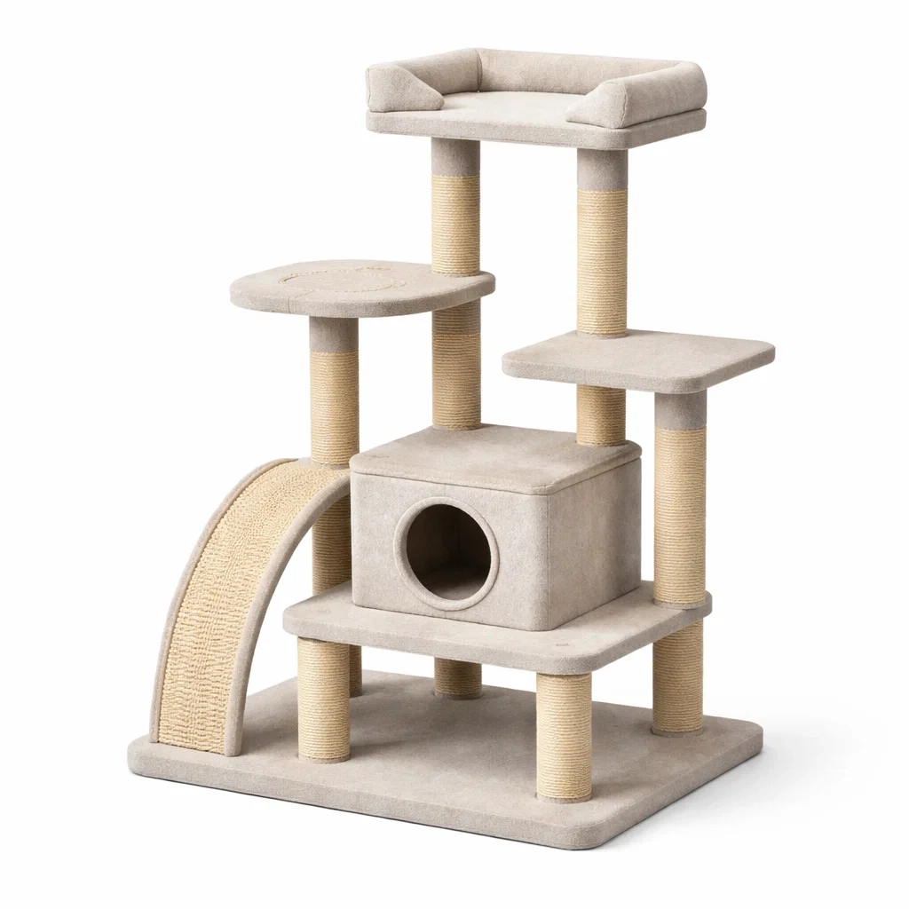 Arbre à chat en bois beige avec tissu et sisal-Pure Spacez