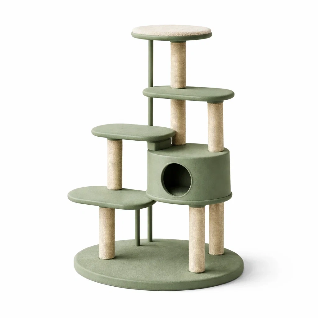Arbre à chat en bois et sisal vert avec niche et plateformes-Pure Spacez