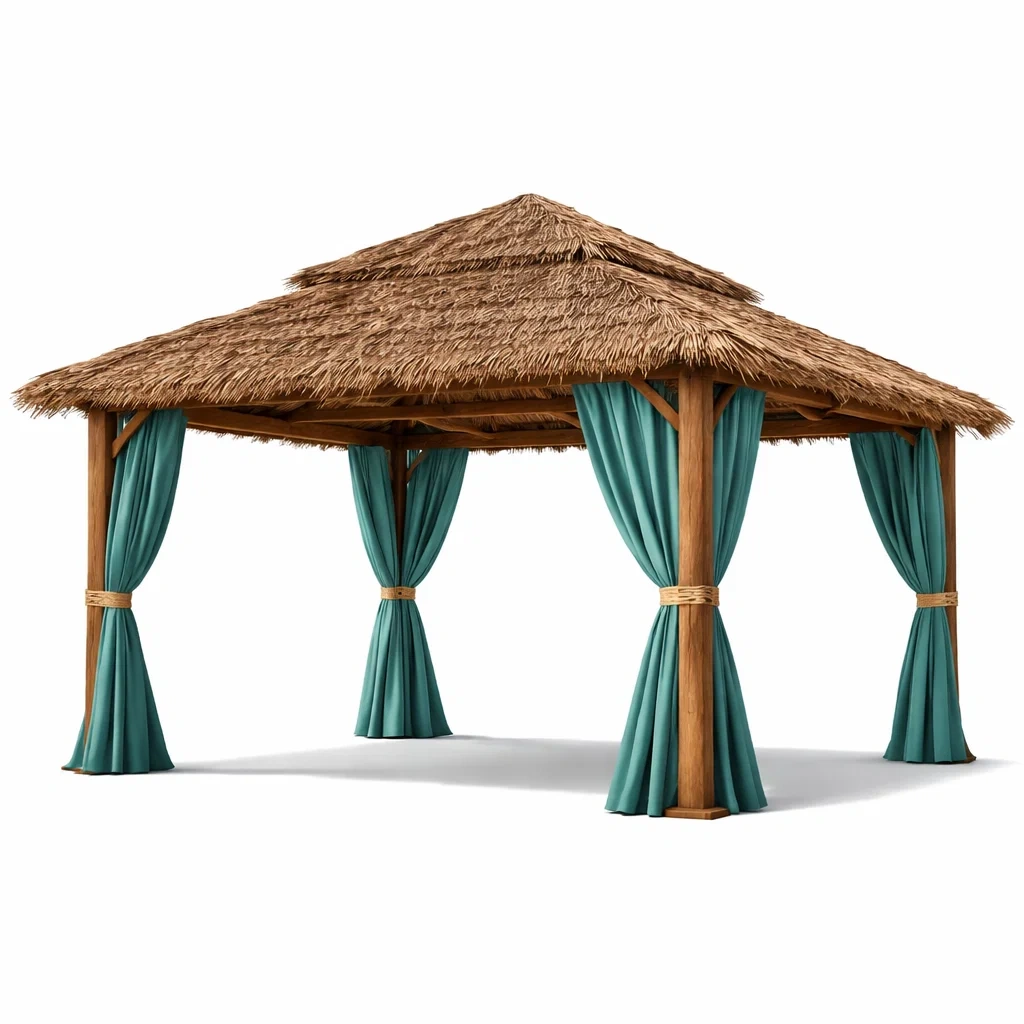 Pavillon en bois avec toit en chaume et rideaux en polyester-Pure Spacez