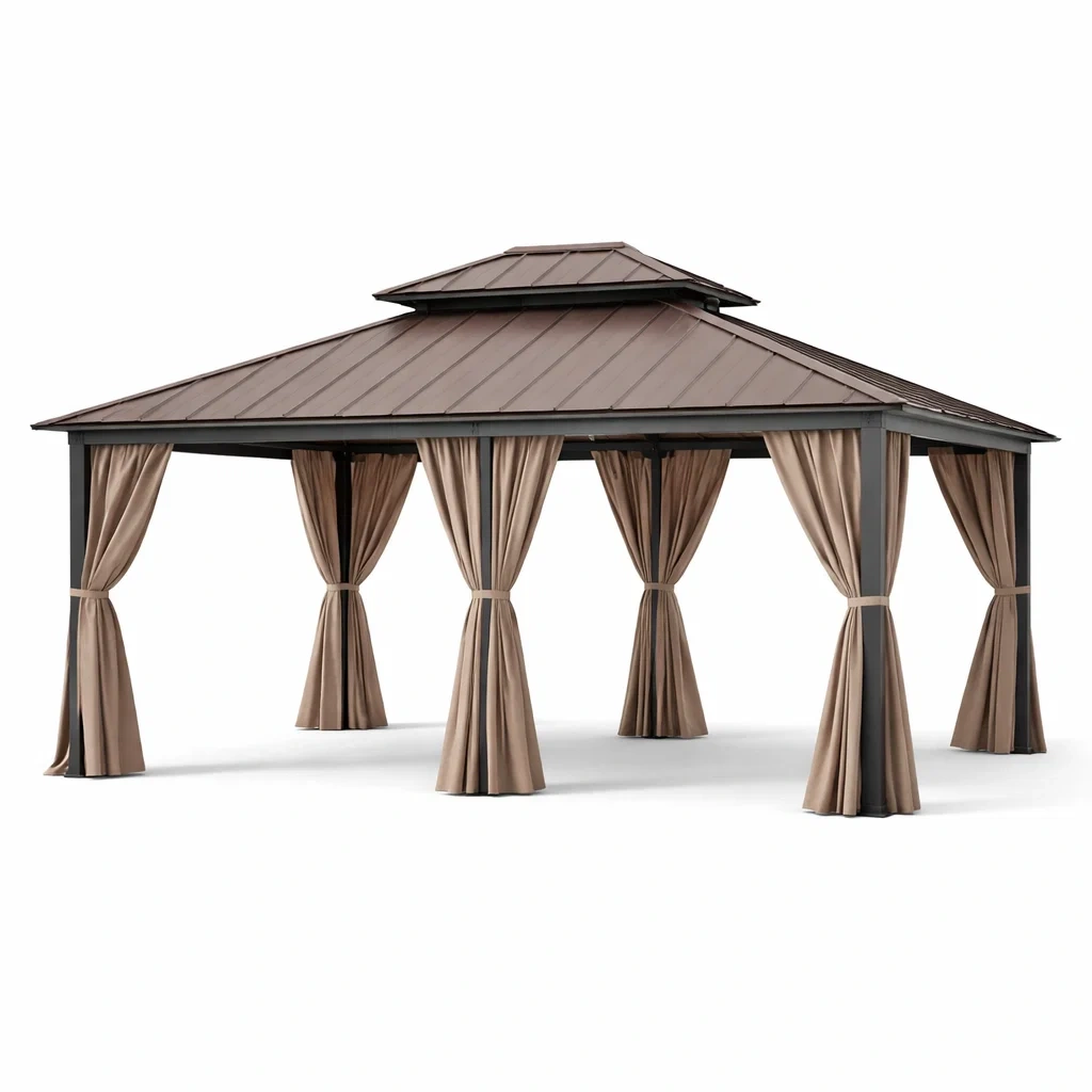 Pavillon de jardin en aluminium avec toit en métal et rideaux beige-Pure Spacez