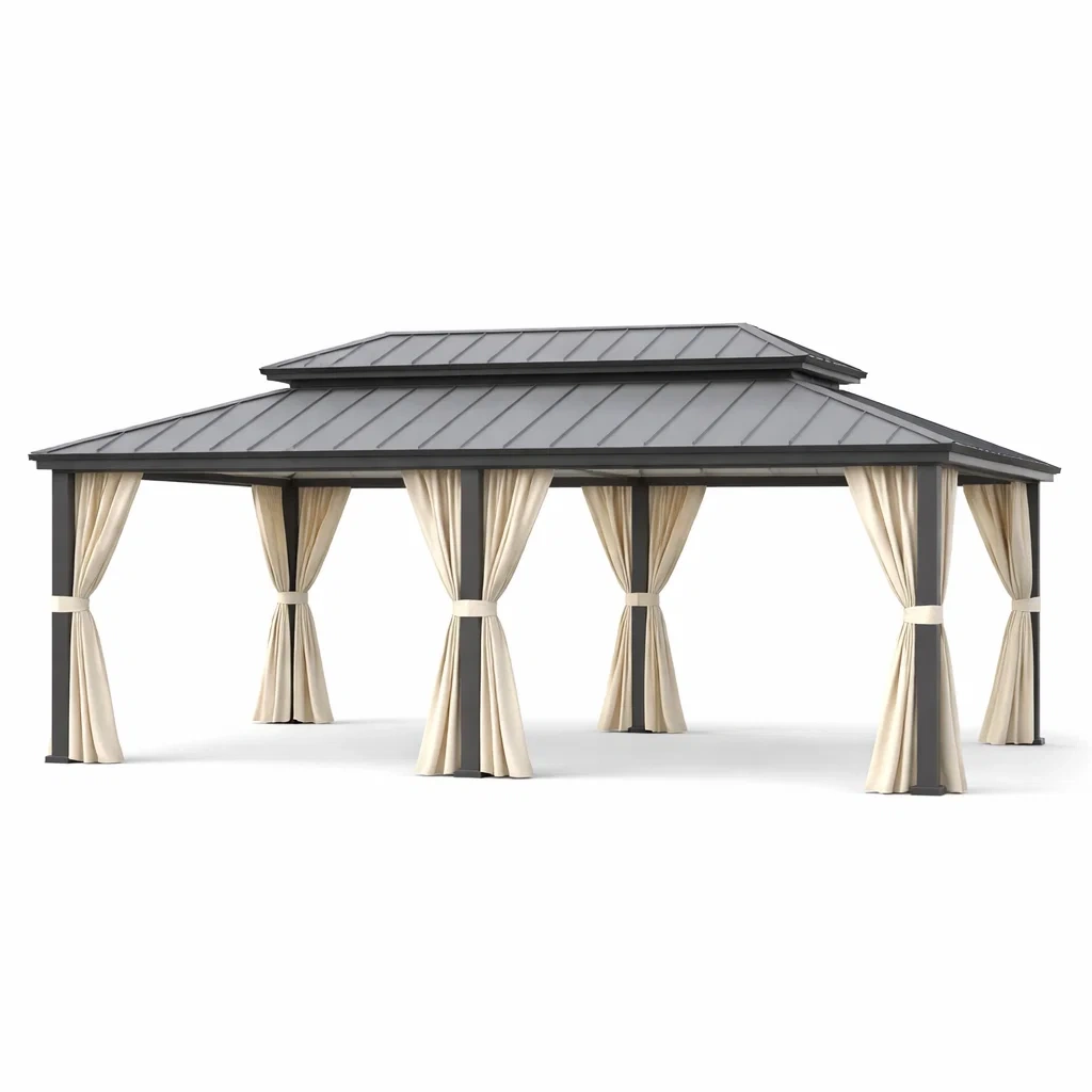 Pavillon de jardin en métal avec rideaux gris et beige-Pure Spacez