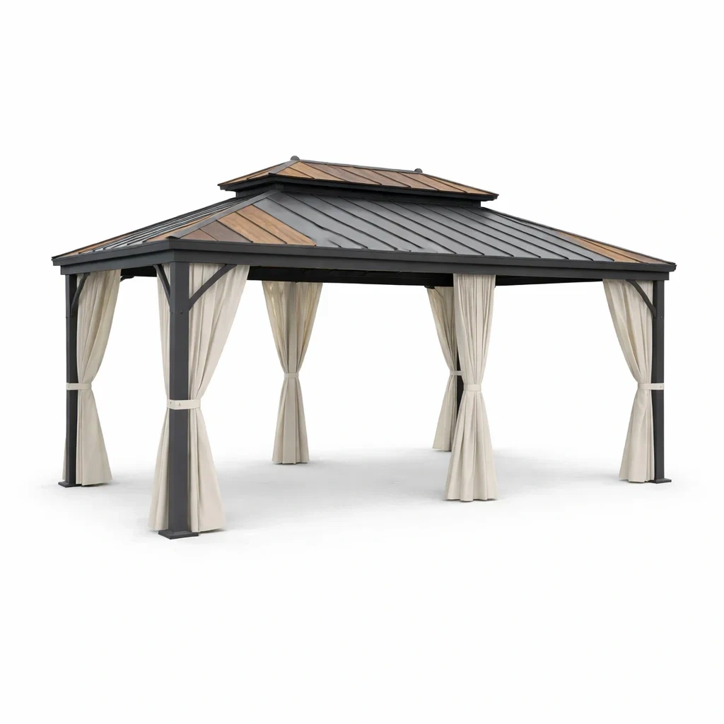 Pavillon de jardin en métal avec toit en acier et bois et rideaux beiges-Pure Spacez