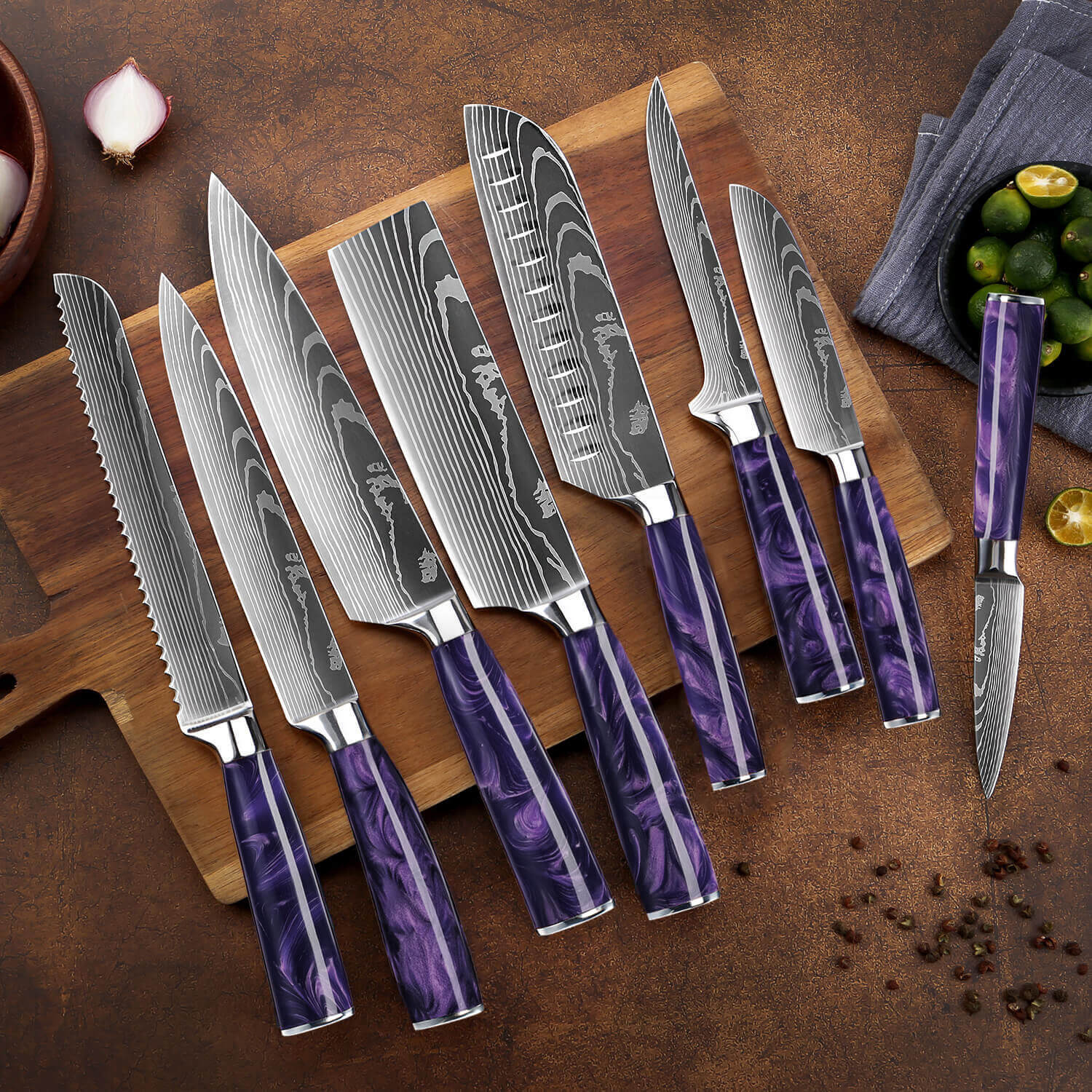 AMETHYST COLLECTION — JAPANESE HIGH-CARBON STEEL KNIFE SET WITH PURPLE RESIN HANDLES