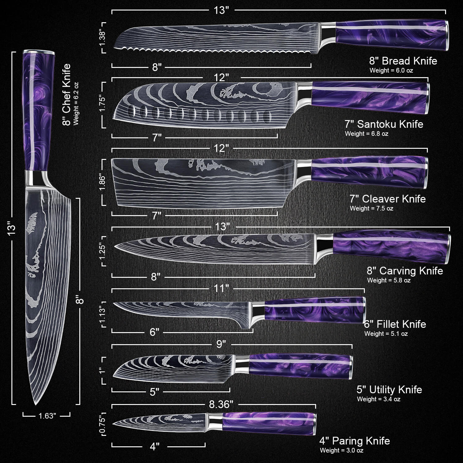 AMETHYST COLLECTION — JAPANESE HIGH-CARBON STEEL KNIFE SET WITH PURPLE RESIN HANDLES