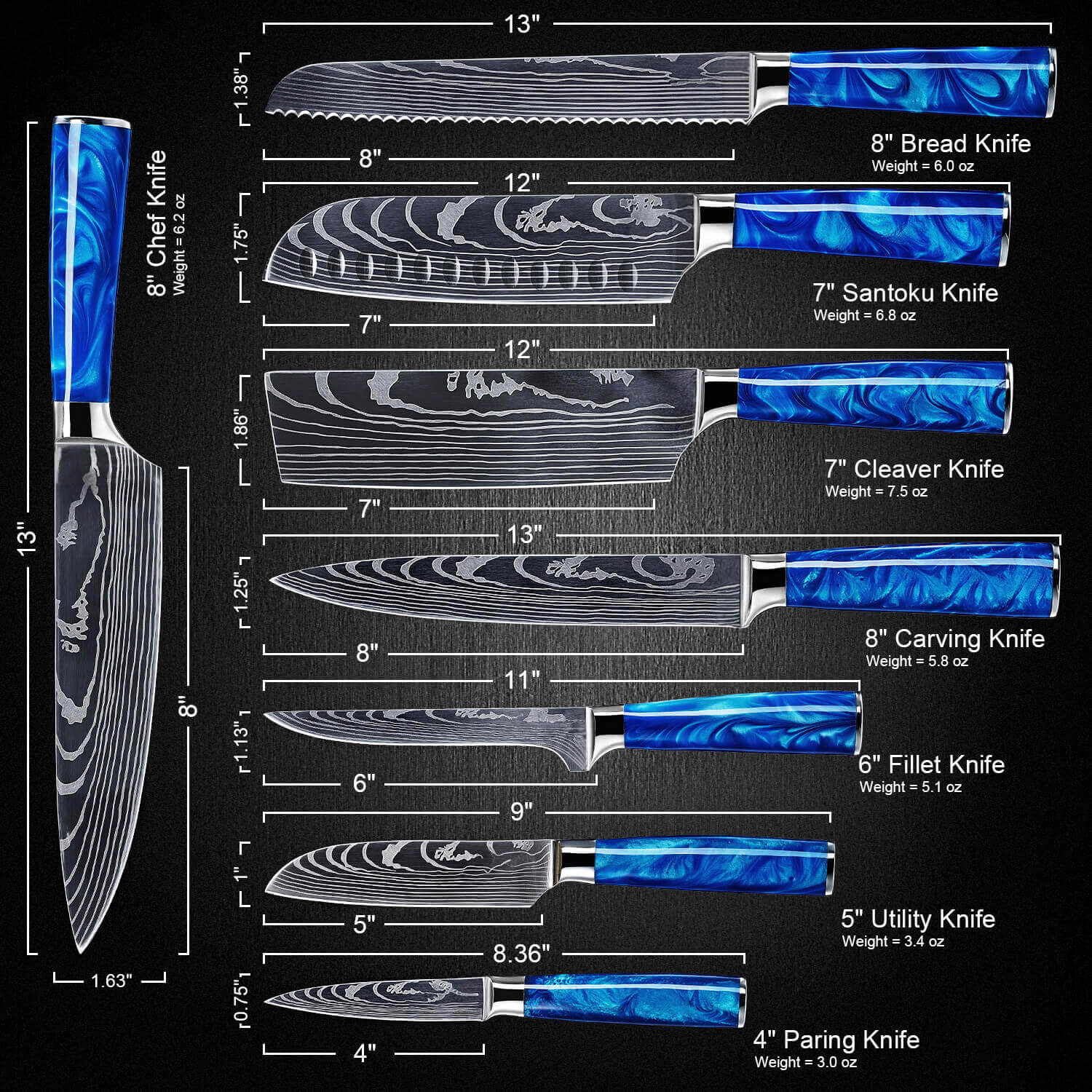 Cerulean Collection — Japanese High-Carbon Steel Knife Set with Blue Resin Handles