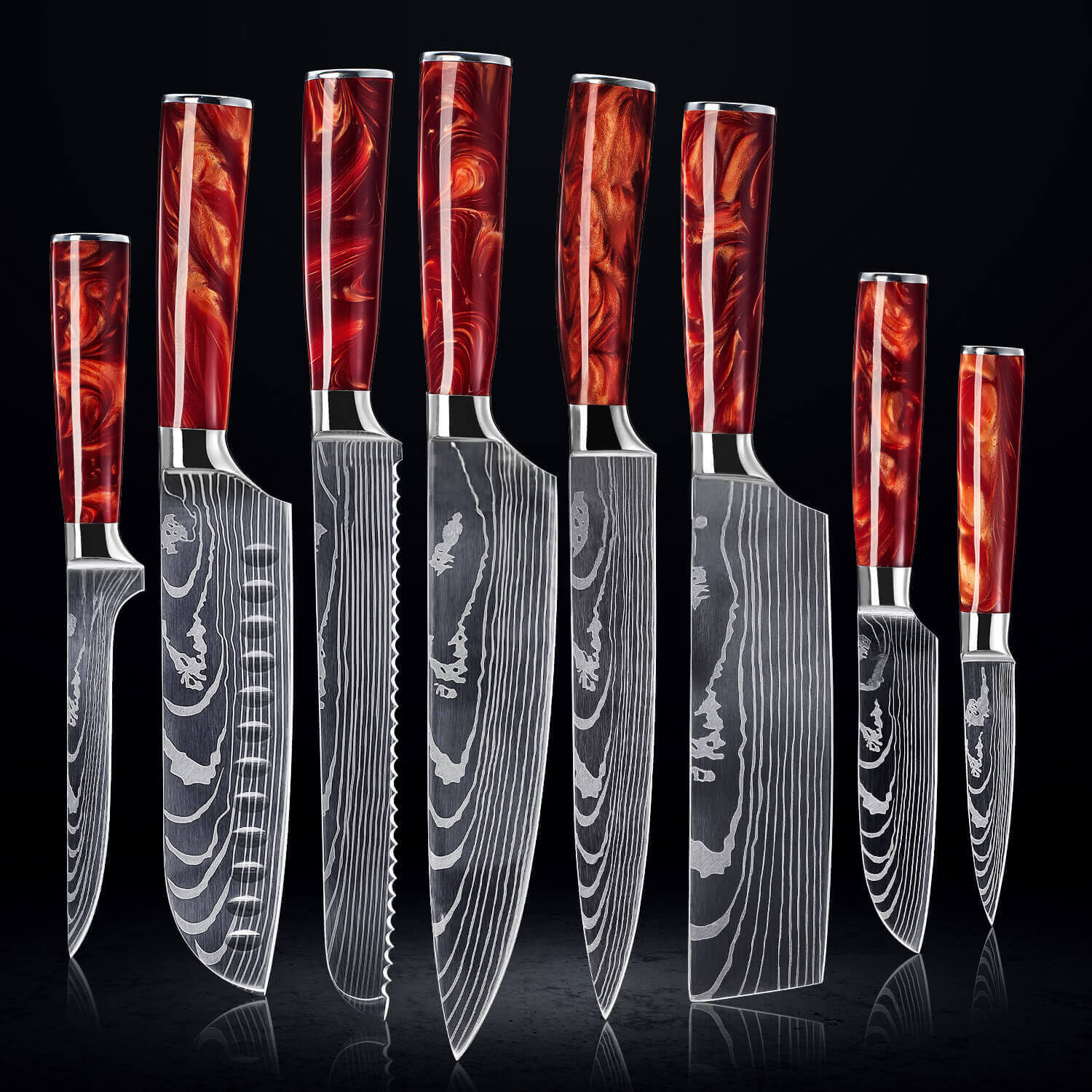 CRIMSON COLLECTION — JAPANESE HIGH-CARBON STEEL KNIFE SET WITH RED RESIN HANDLES