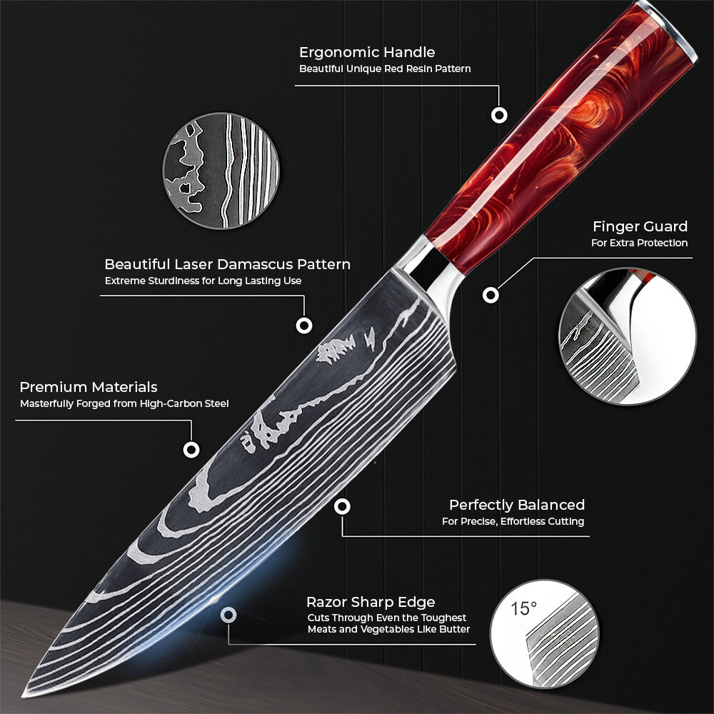 CRIMSON COLLECTION — JAPANESE HIGH-CARBON STEEL KNIFE SET WITH RED RESIN HANDLES