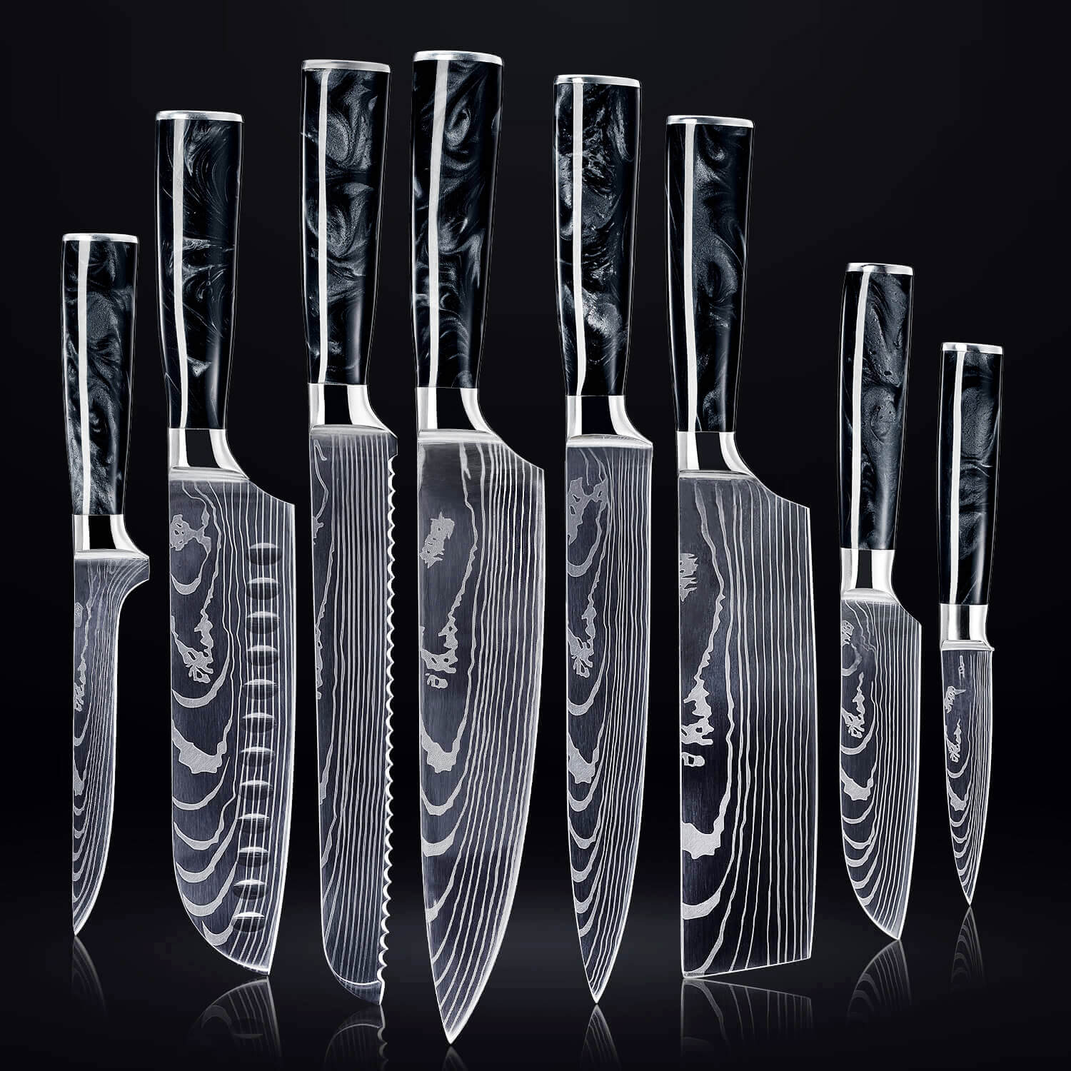 ONYX COLLECTION — JAPANESE HIGH-CARBON STEEL KNIFE SET WITH BLACK RESIN HANDLES