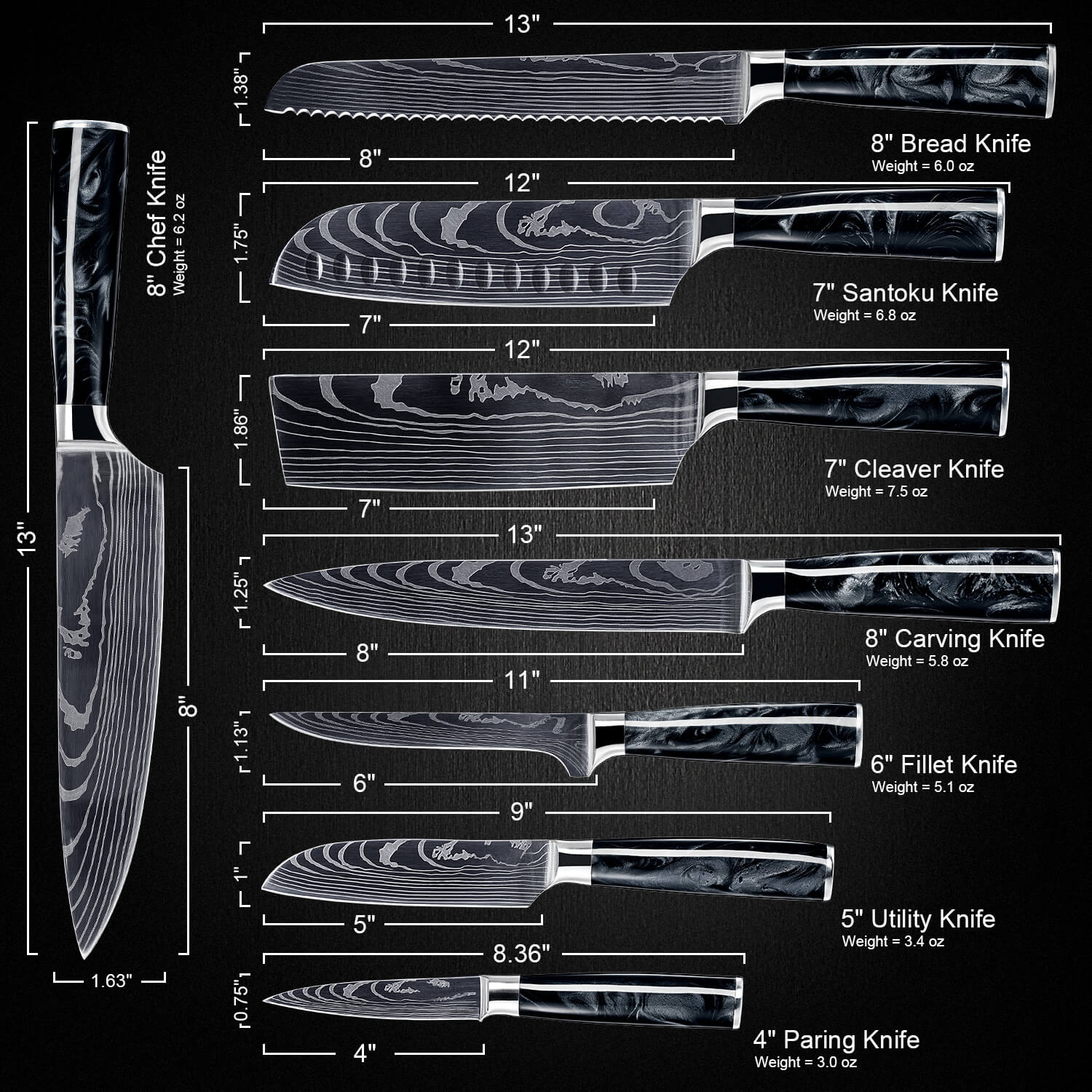 ONYX COLLECTION — JAPANESE HIGH-CARBON STEEL KNIFE SET WITH BLACK RESIN HANDLES