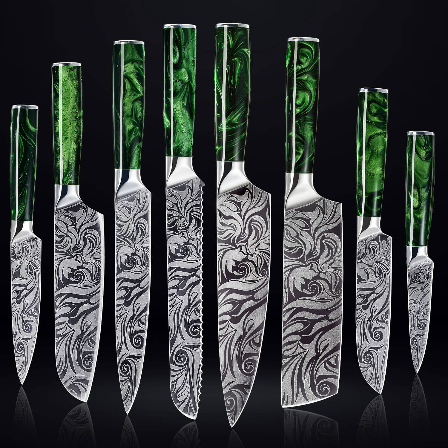 WASABI COLLECTION — JAPANESE HIGH-CARBON STEEL KNIFE SET WITH GREEN RESIN HANDLES
