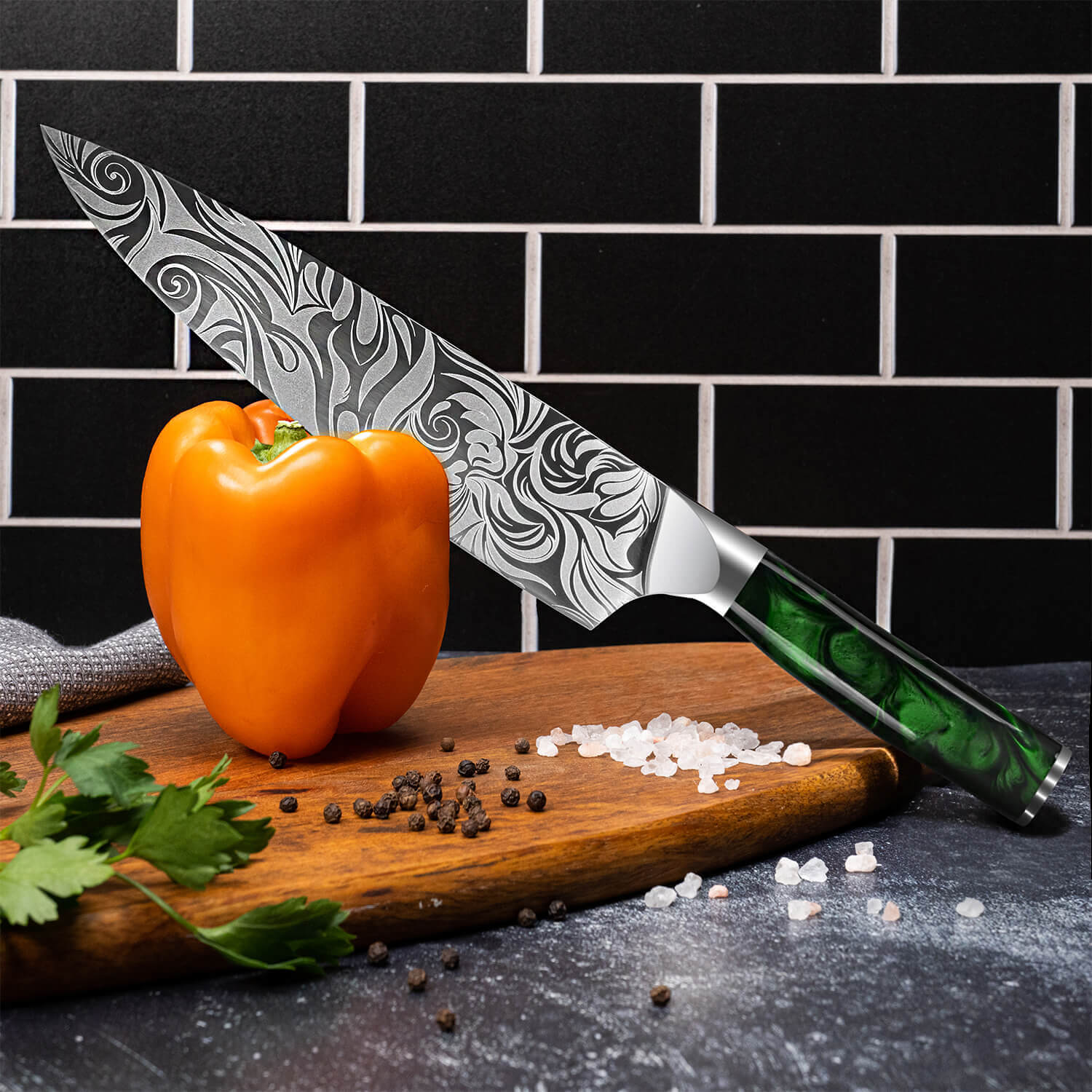 WASABI COLLECTION — JAPANESE HIGH-CARBON STEEL KNIFE SET WITH GREEN RESIN HANDLES