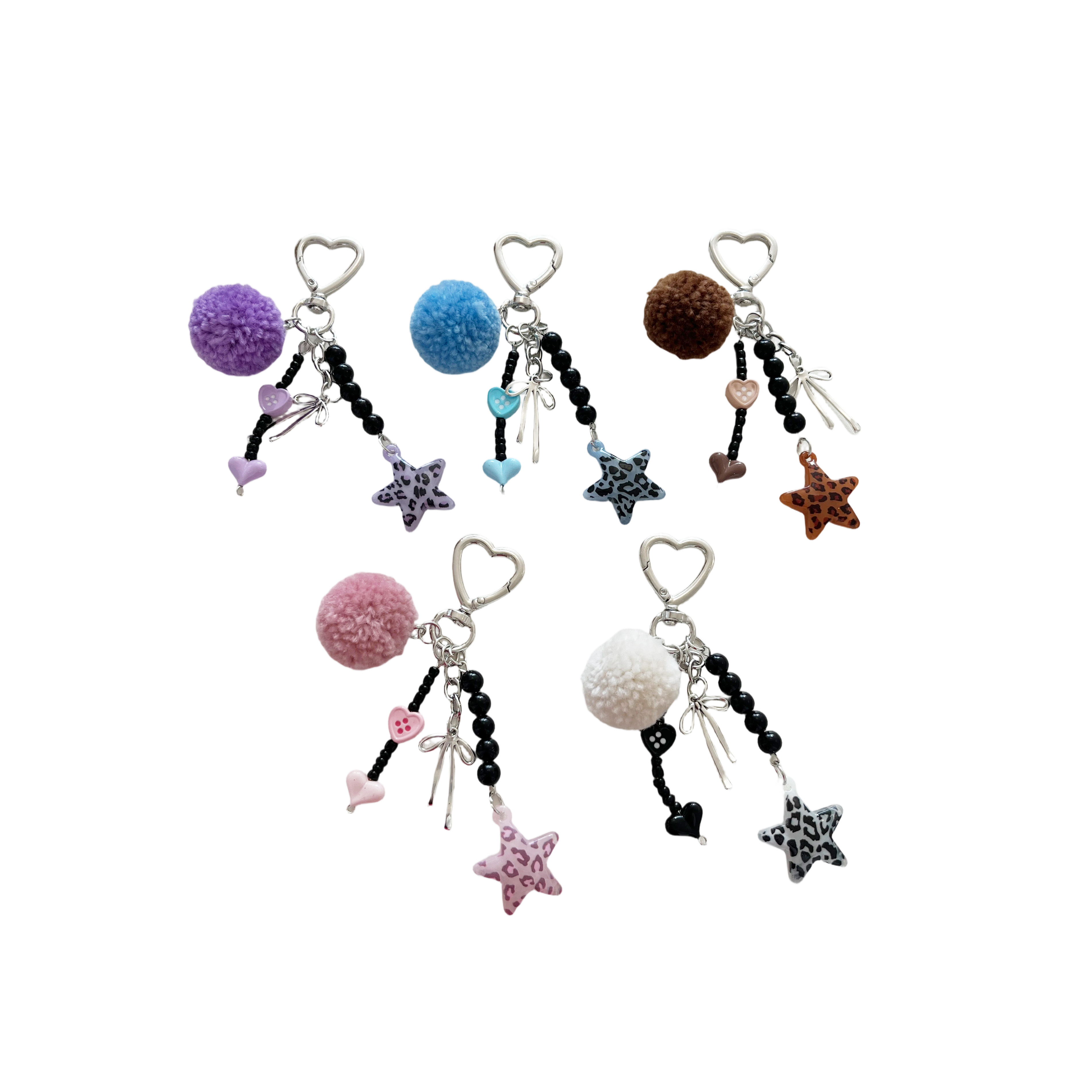 Cute Leopard Star Pom Pom Keychain-Heart Clasp Beaded Tassel Bag Charm
