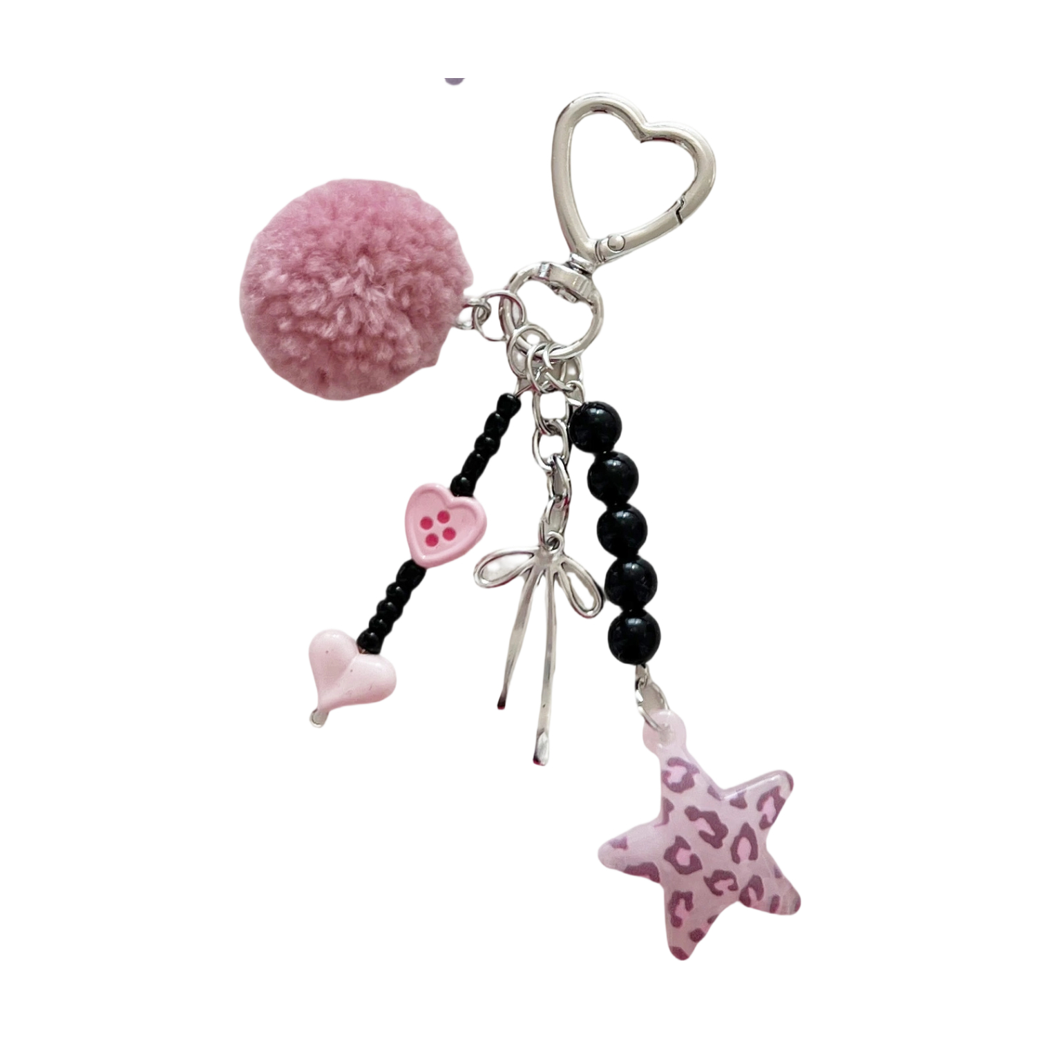 Cute Leopard Star Pom Pom Keychain-Heart Clasp Beaded Tassel Bag Charm