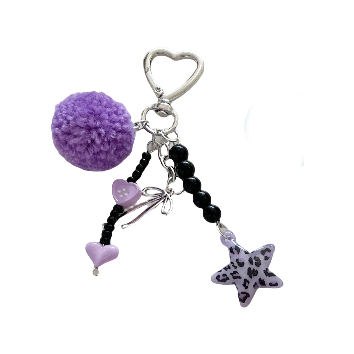 Cute Leopard Star Pom Pom Keychain-Heart Clasp Beaded Tassel Bag Charm