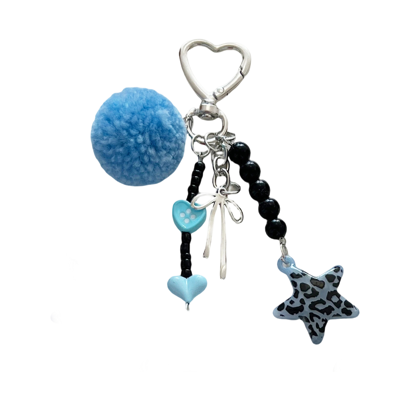 Cute Leopard Star Pom Pom Keychain-Heart Clasp Beaded Tassel Bag Charm