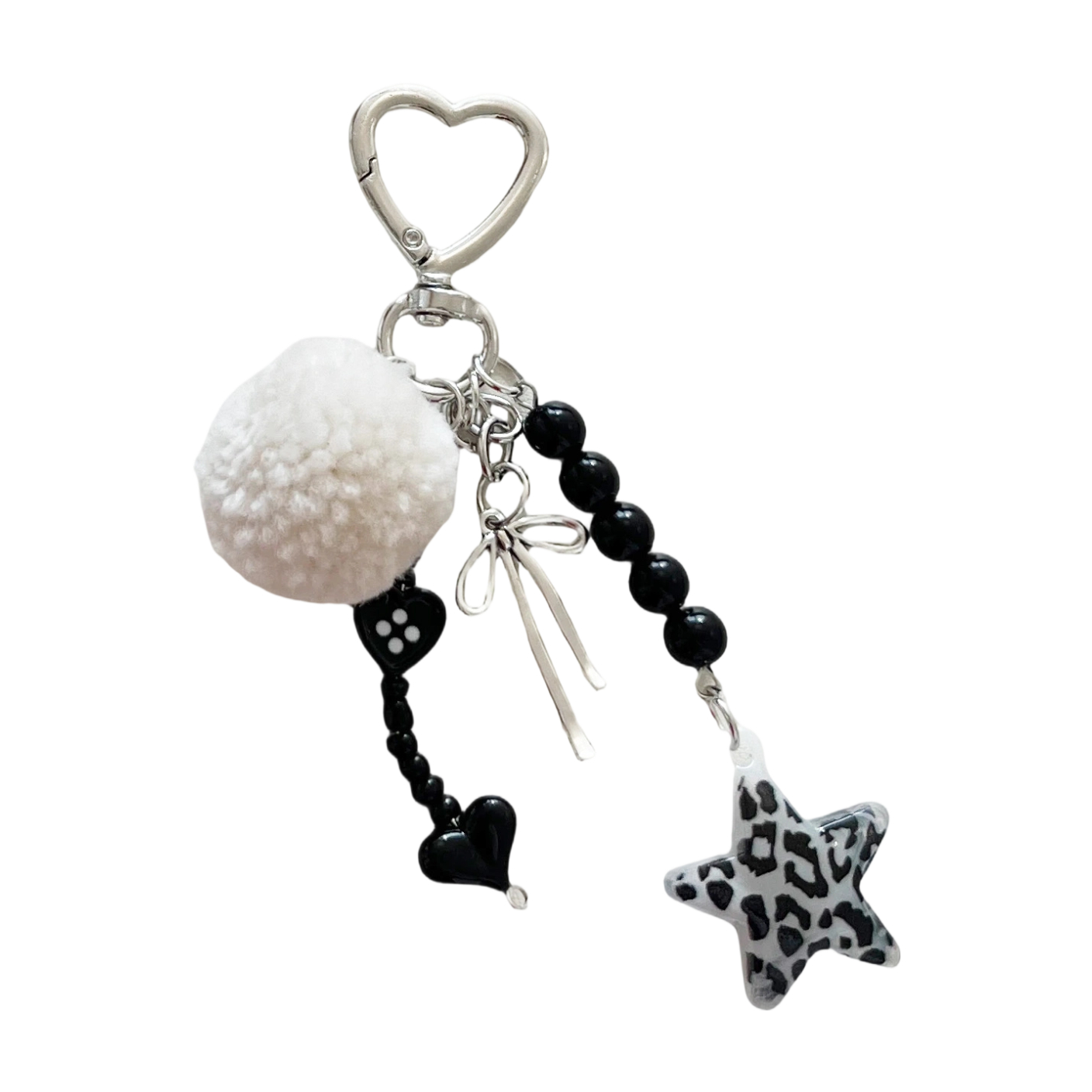 Cute Leopard Star Pom Pom Keychain-Heart Clasp Beaded Tassel Bag Charm
