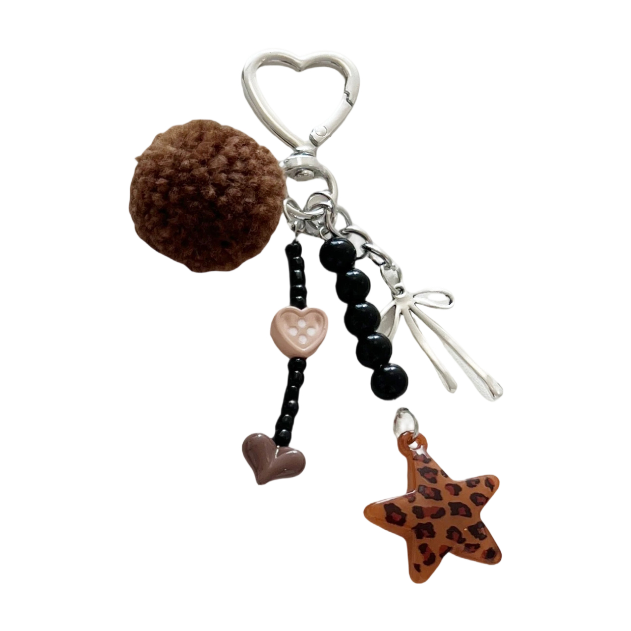 Cute Leopard Star Pom Pom Keychain-Heart Clasp Beaded Tassel Bag Charm