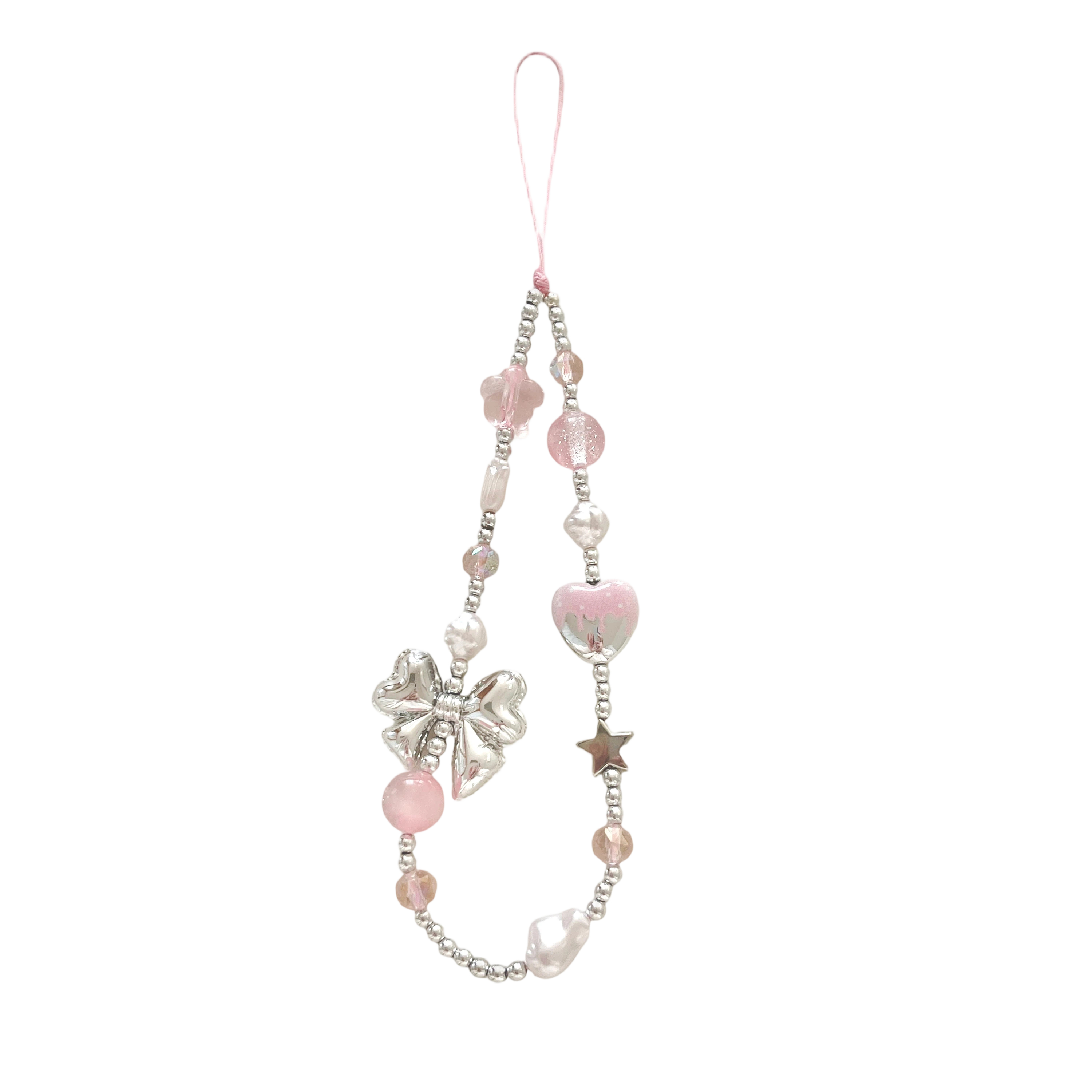 Pink Silver Bow Heart Phone Charm